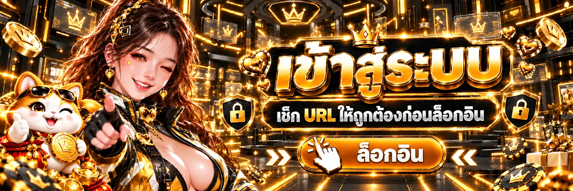 ทางเข้า luckycat889 และปุ่มล็อกอินบนแบนเนอร์โทนทอง